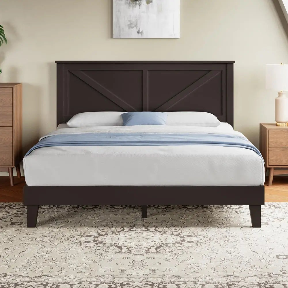 Full Size Espresso Wood Platform Bed Frame With Farmhouse Headboard 12 Slats
