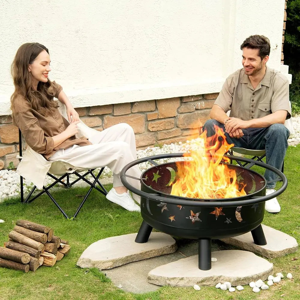 32 Inch Round Fire Pit with Mesh Cover, Fire Poker, Star and Moon Design, Metal Wood Burning Outdoor Fire Pit for Patio, Backyar