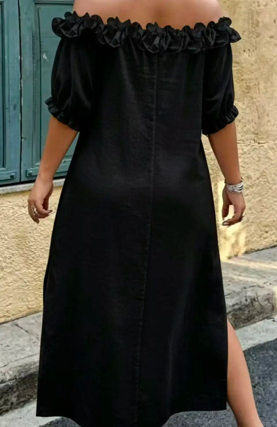Plus Size Women's Slouchy Slimming Beach Vacation Dress, Off-Shoulder Puff Sleeve Loose Hem Slit Dress