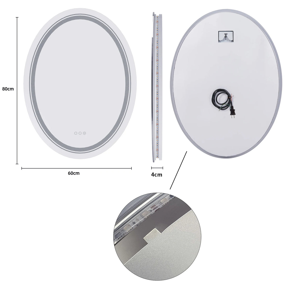LUVODI Oval LED Bathroom Mirror With Anti Fog Touch Sensor And 3 Colors