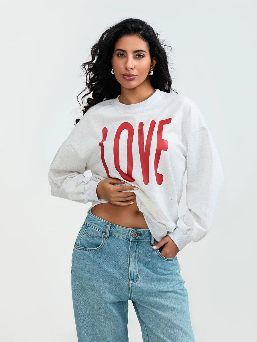 Valentine s Day Women s Casual Loose Fit Sweatshirt with Long Sleeves and Round Neckline Featuring Letter Print Design