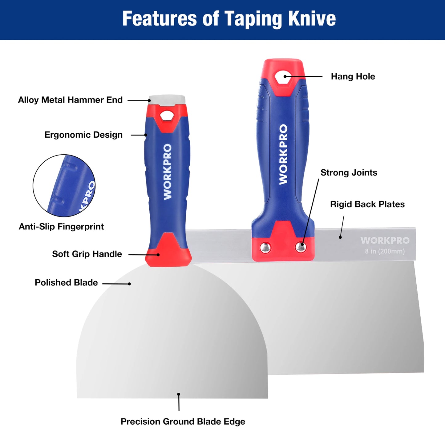 WORKPRO Drywall Knife Set Stainless Steel Taping Knife Putty Knife with 4", 6'', 8'', 10'', 12'' Blades and Alloy Metal Hammer