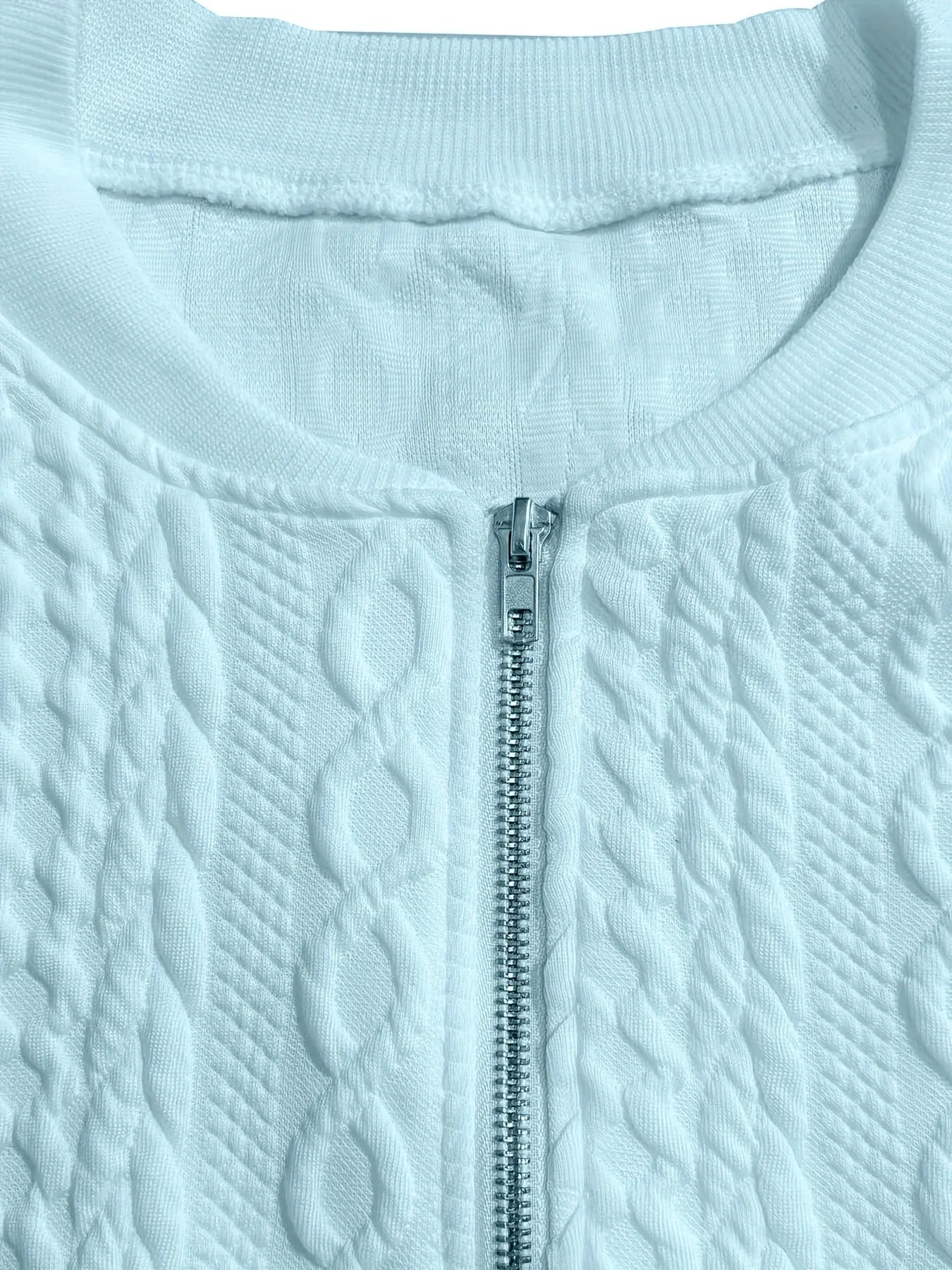 Plus size women's cable knit V-neck zip-up short jacket loose zip long sleeve pocket slimming daily commute cardigan top