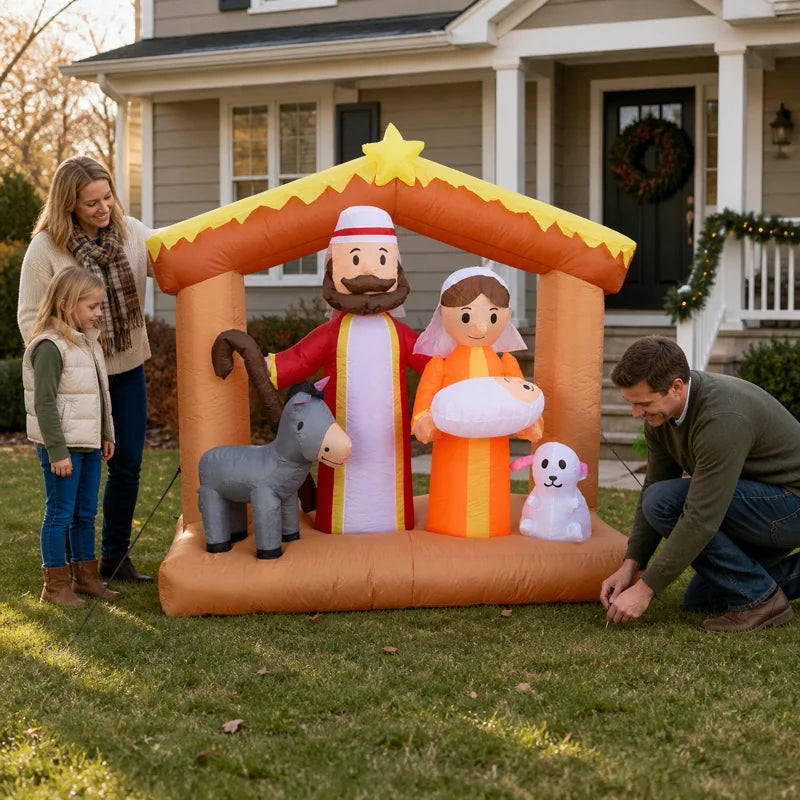 6FT LED Light Up Nativity Scene Inflatable Christmas Decoration with Holy Family Donkey and Sheep Blow Up Outdoor Toy Yard Decor for Garden Lawn Porch Church Xmas Holiday Party Home Ornament Gift