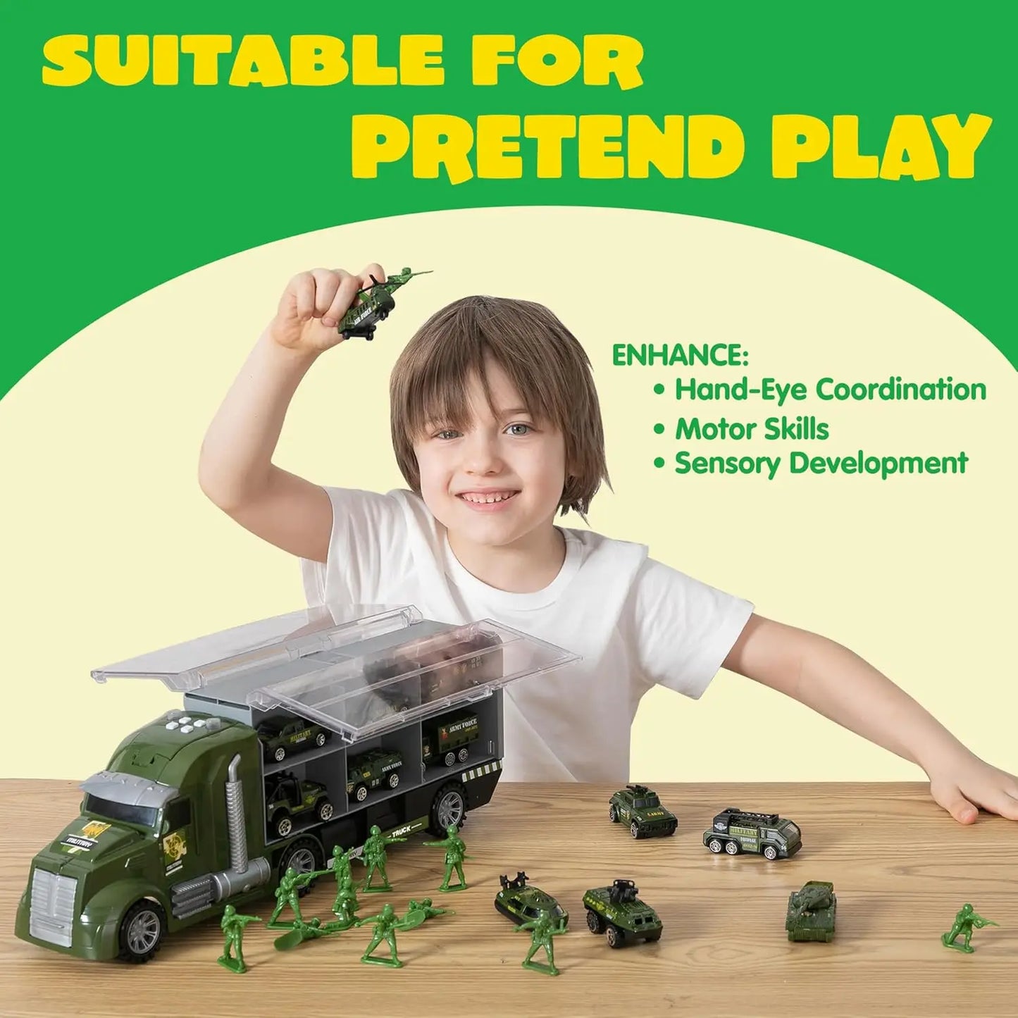 JOYIN 25 in 1 Green Military Big Truck Toys Army Men Tanks Set with Soldier Men Battle Car Toy in Carrier Truck for Boys Gifts