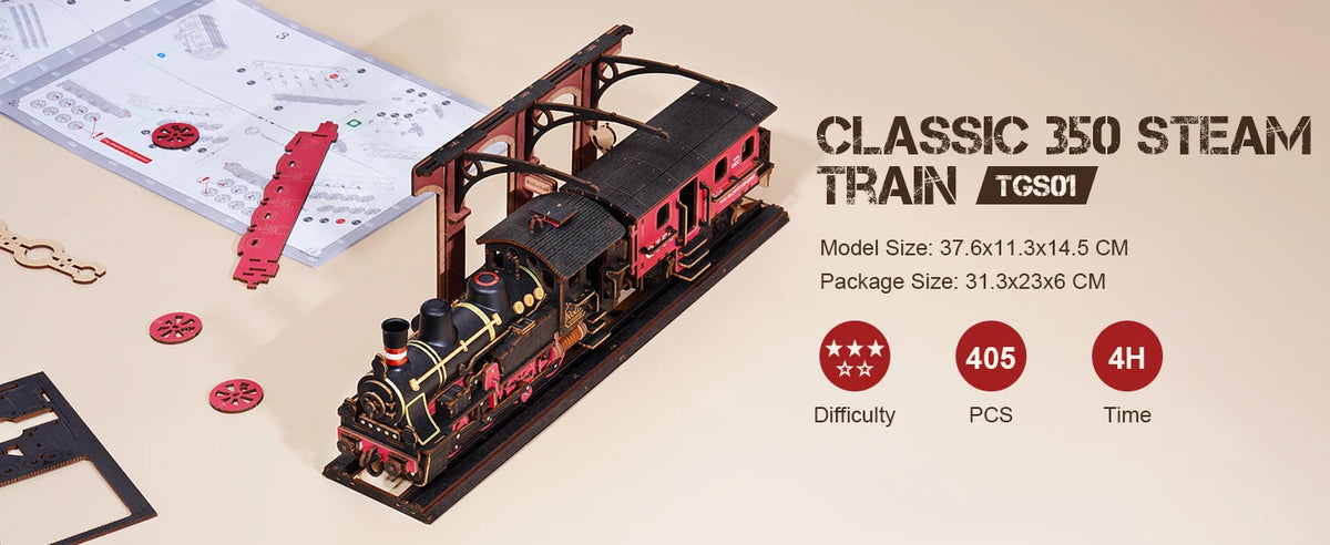 Rolife 3D Wooden Puzzle Steam Journey Mechanical Vehicle Model Building Kit DIY Puzzle Toys for Home Desk Decor Gifts for Adults