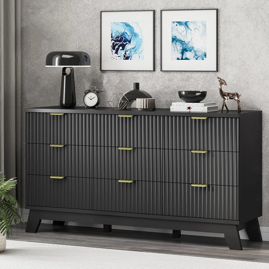 Fluted Dresser for Bedroom with 9 Drawers, 57" Wide Chest of Drawers with Metal Handle, Modern Wood Dresser TV Stand