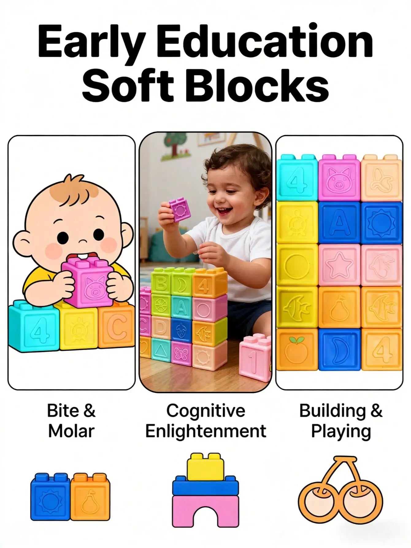 Baby Building Blocks,  8/16/24 Pcs Soft Educational Construction Toys - Numbers, Shapes, Colors, Animals - Random Colors, Infant Toys, Montessori Toys, Bath Toys, Baby Essentials, Teethers, Sensory Chew Toys, Silicone Toys