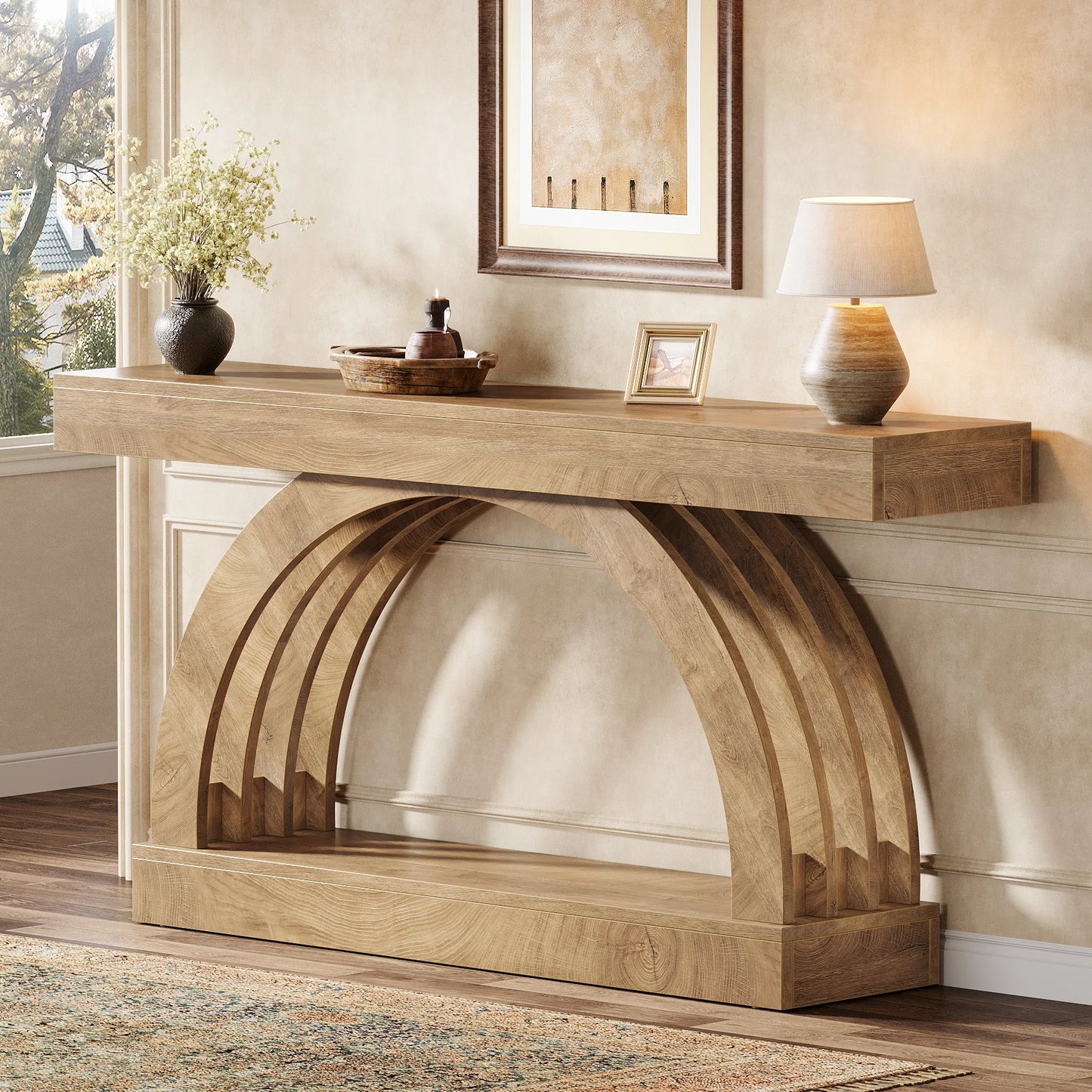 LITTLE TREE 63-Inch Entryway Table, 2-Tier Sofa Table Behind The Couch, Farmhouse Narrow Unique Arched Console for Hallway
