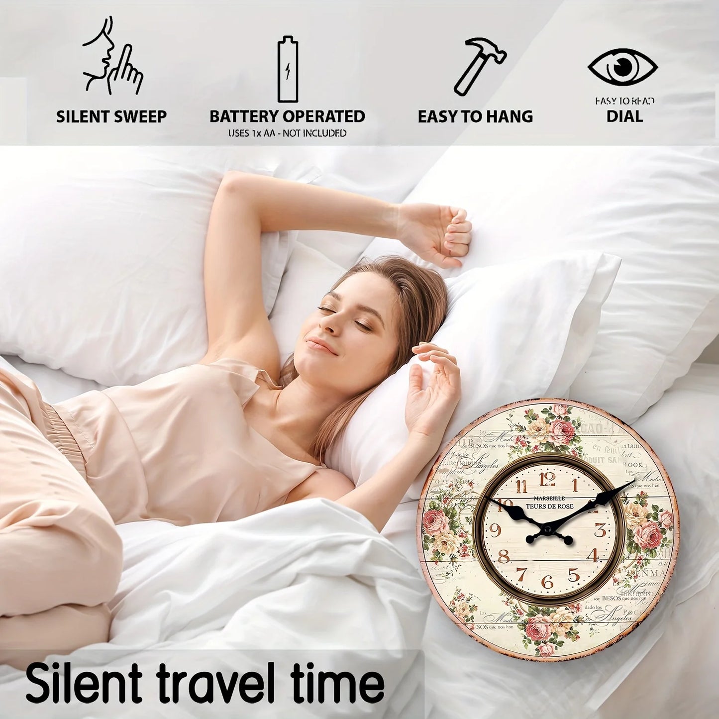 A French Romantic Wooden Teaching Wall Clock, French Marseille Rose Bouquet Design Wall Clock, Silent Silent Quartz Clock, Room