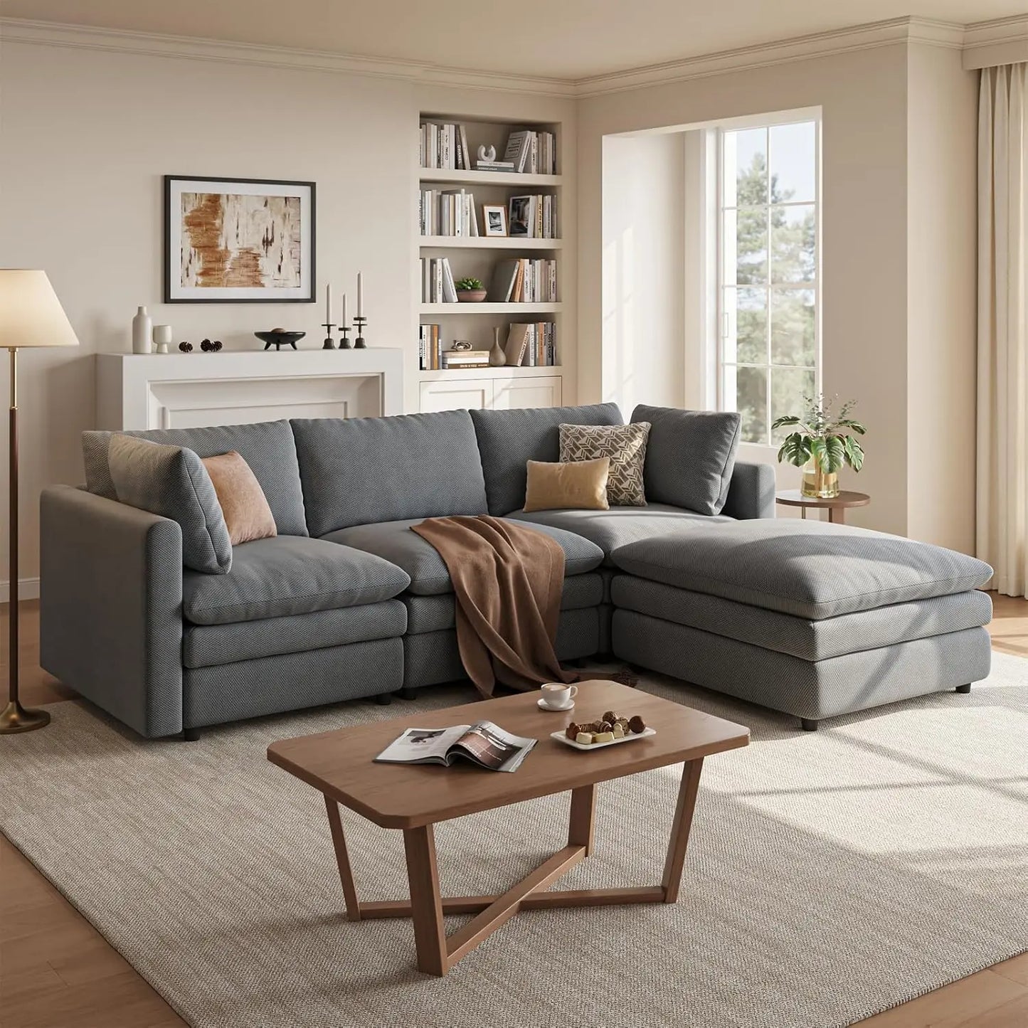 97" Modular L-Shaped Cloud Sofa, 29.1" Deep Seat & Movable Ottoman for Living Room, Custom