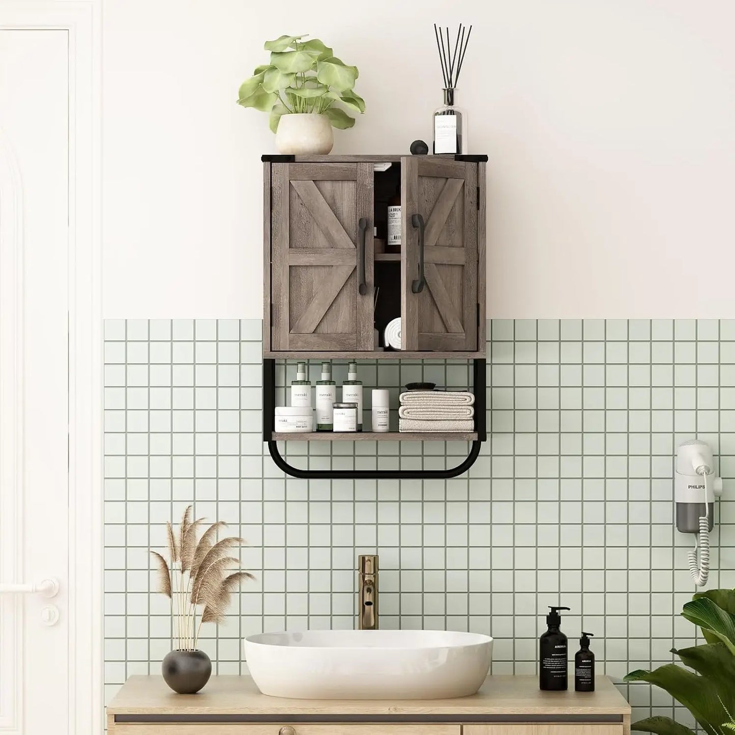 Farmhouse Rustic Medicine Cabinet with Two Barn Door,Wood Wall Mounted Storage Cabinet with Adjustable Shelf and Towel Bar