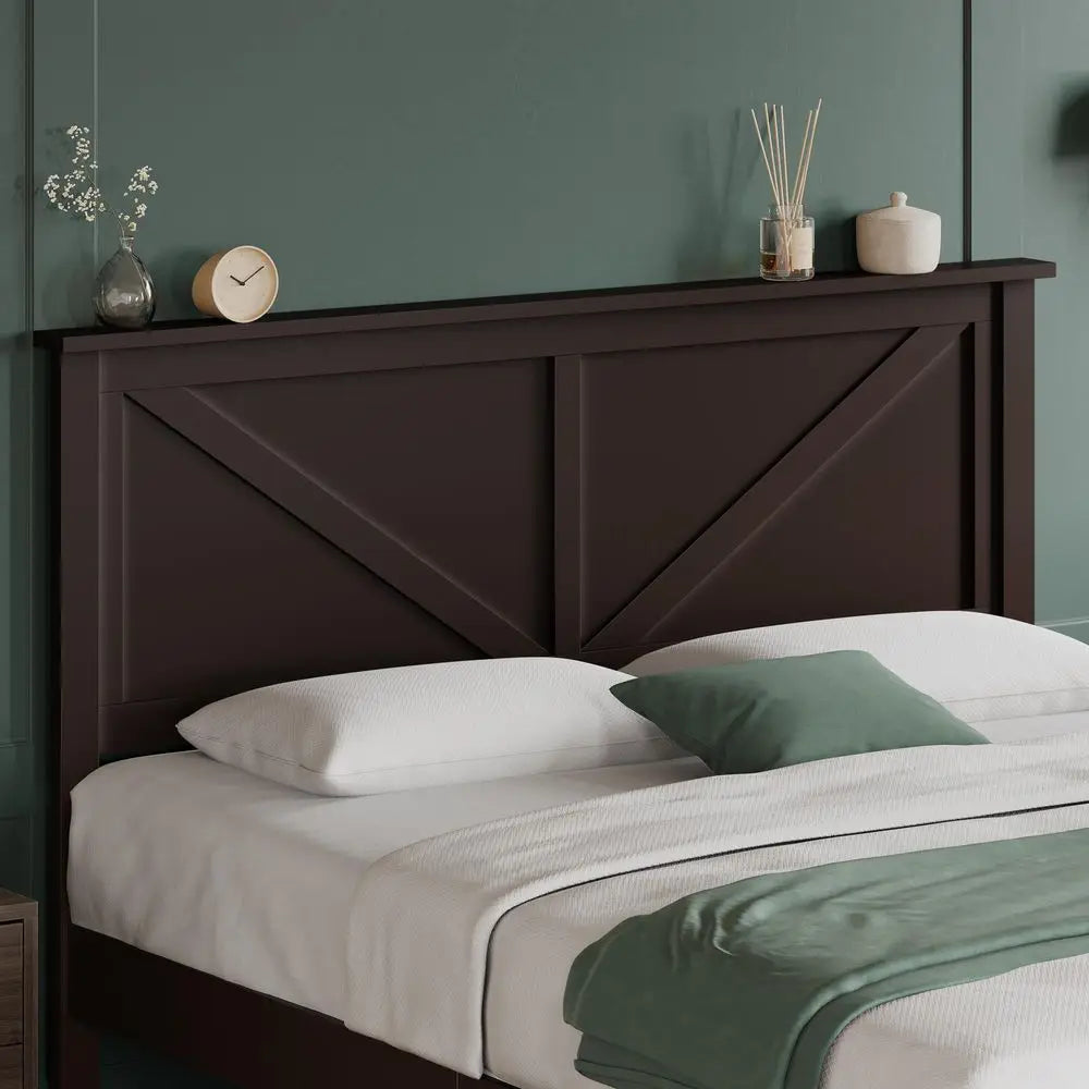 Full Size Espresso Wood Platform Bed Frame With Farmhouse Headboard 12 Slats