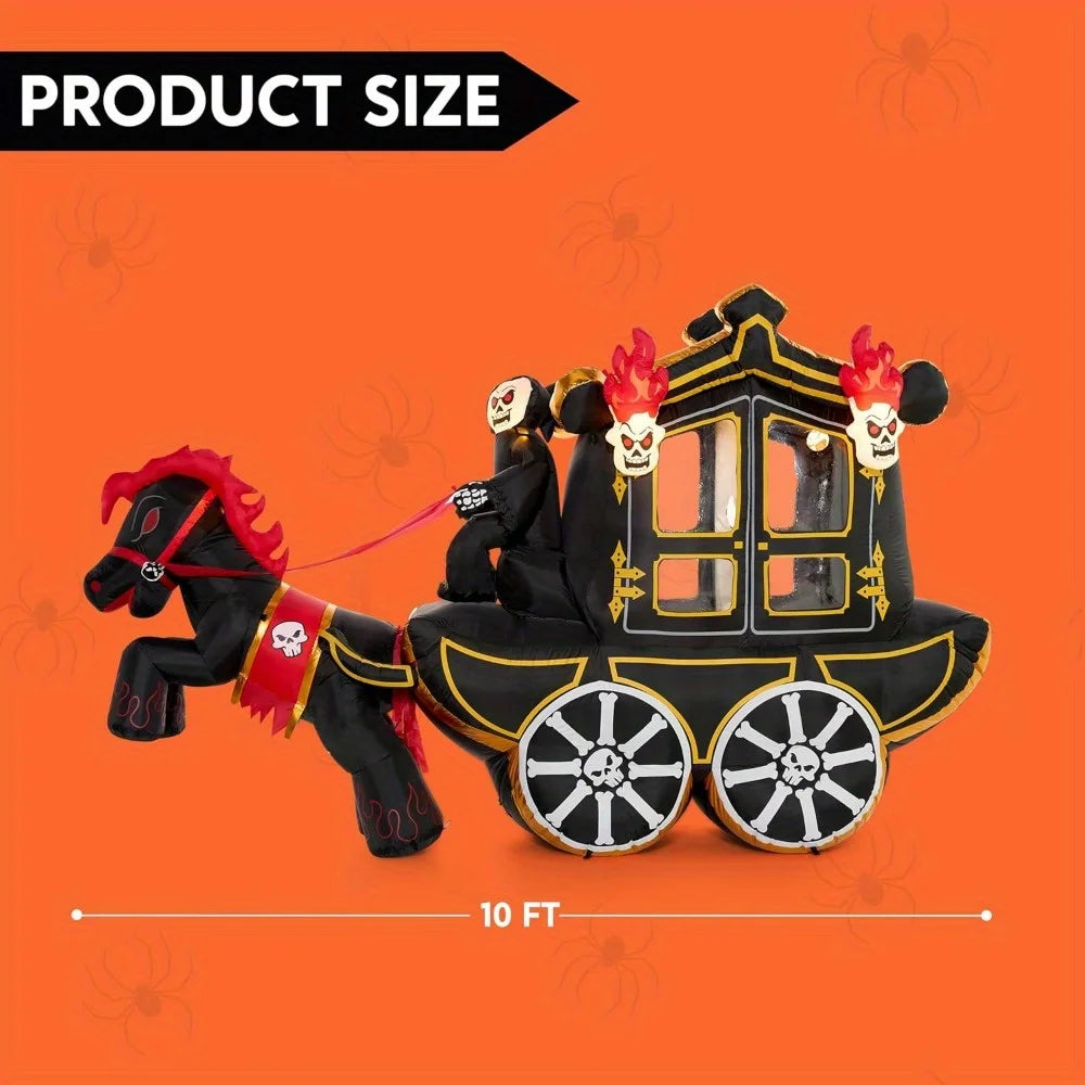 10 Ft Long Halloween Inflatables Carriage Outdoor Decorations with Hellfire Design, Inflatable Carriage with Build-in LEDs Halloween Blow Up for Yard, Party Decoration Outside Garden Lawn, Photobooth Props