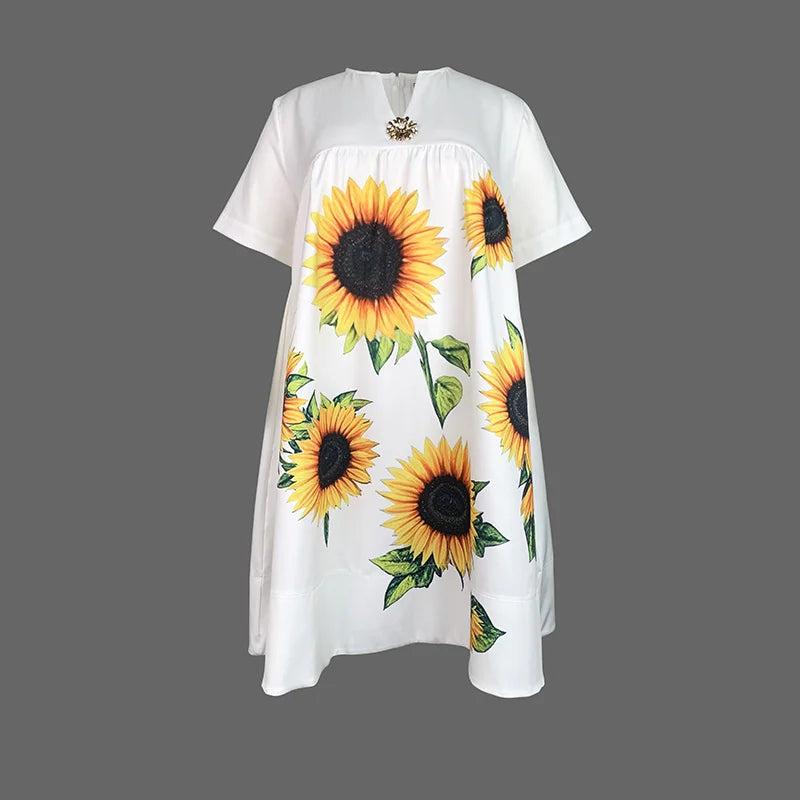Spring Summer Women White Cotton A - Line Loose Flower Print Pleated V - Neck Midi Dresses Casual Large Size Vacation Outfits
