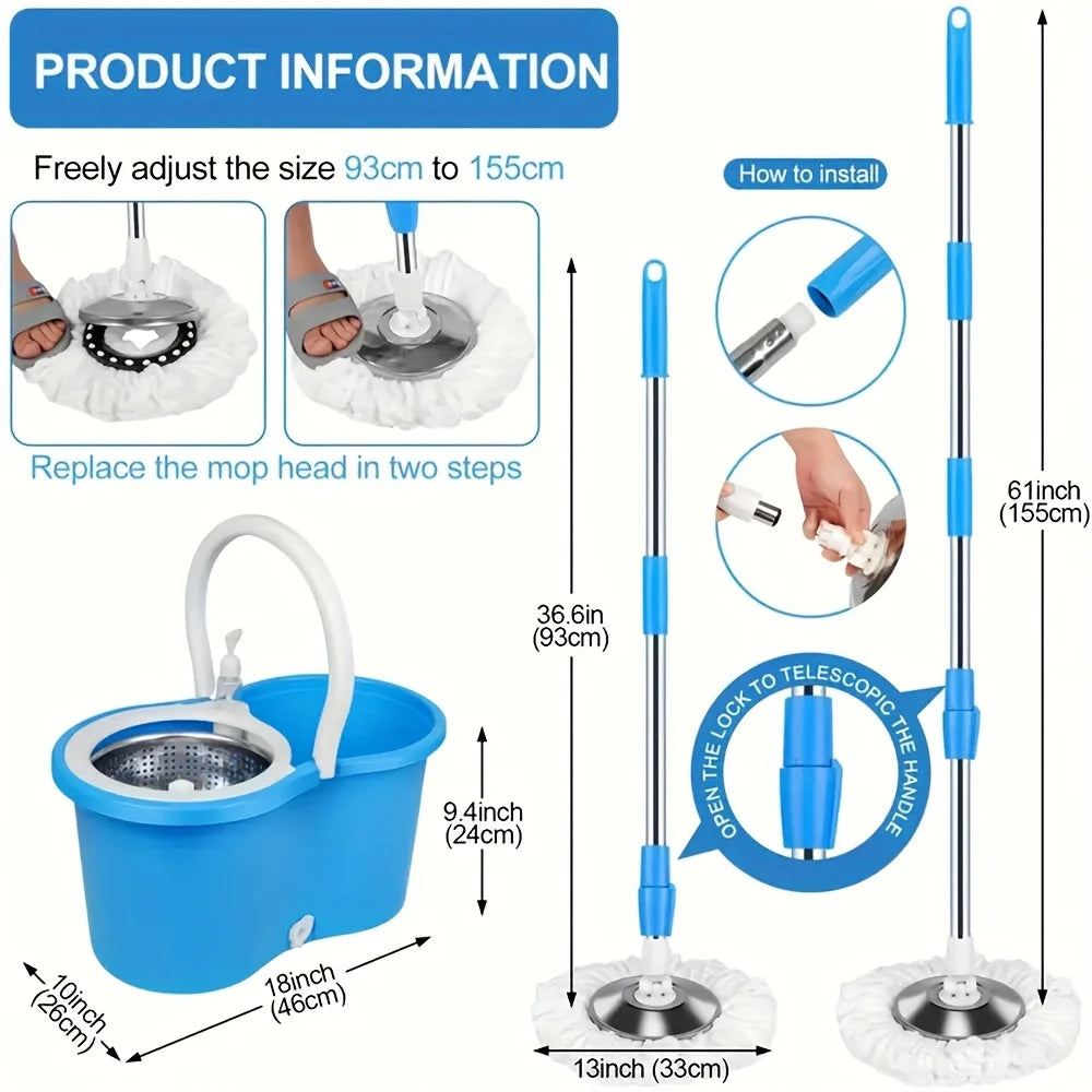 Mop And Bucket with Wringer Kit, 360 Degree Swivel Mop And Bucket with 3 Replacement Heads, Floor Mop Bucket for Hardwood