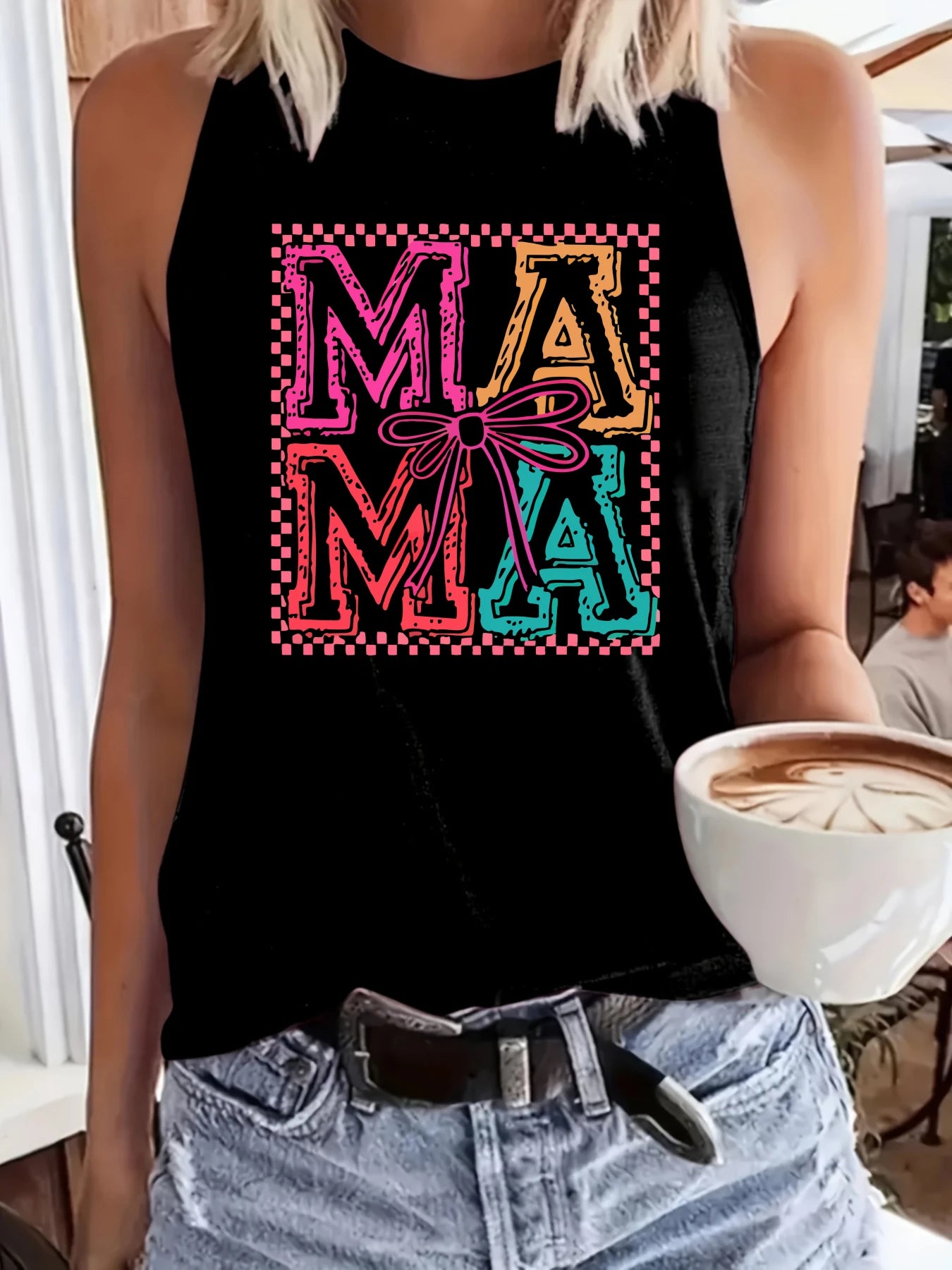 Women's plus size tank top Mama Pattern With Bow And Checkered Border Mother's Day gift womens clothes summer beach vacation top