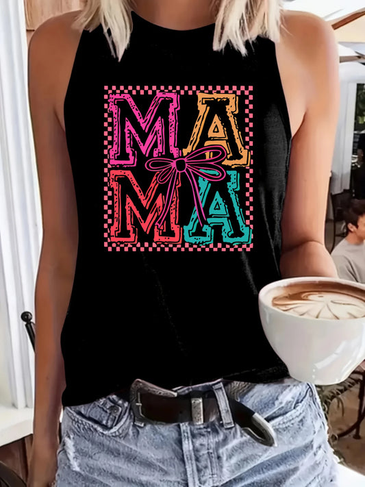 Women's plus size tank top Mama Pattern With Bow And Checkered Border Mother's Day gift womens clothes summer beach vacation top