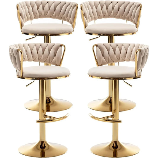 Gold Bar Stools Set of 4, Velvet Swivel Barstools with Woven Backrest, Adjustable Bar Chairs for Kitchen Island, Dining Room