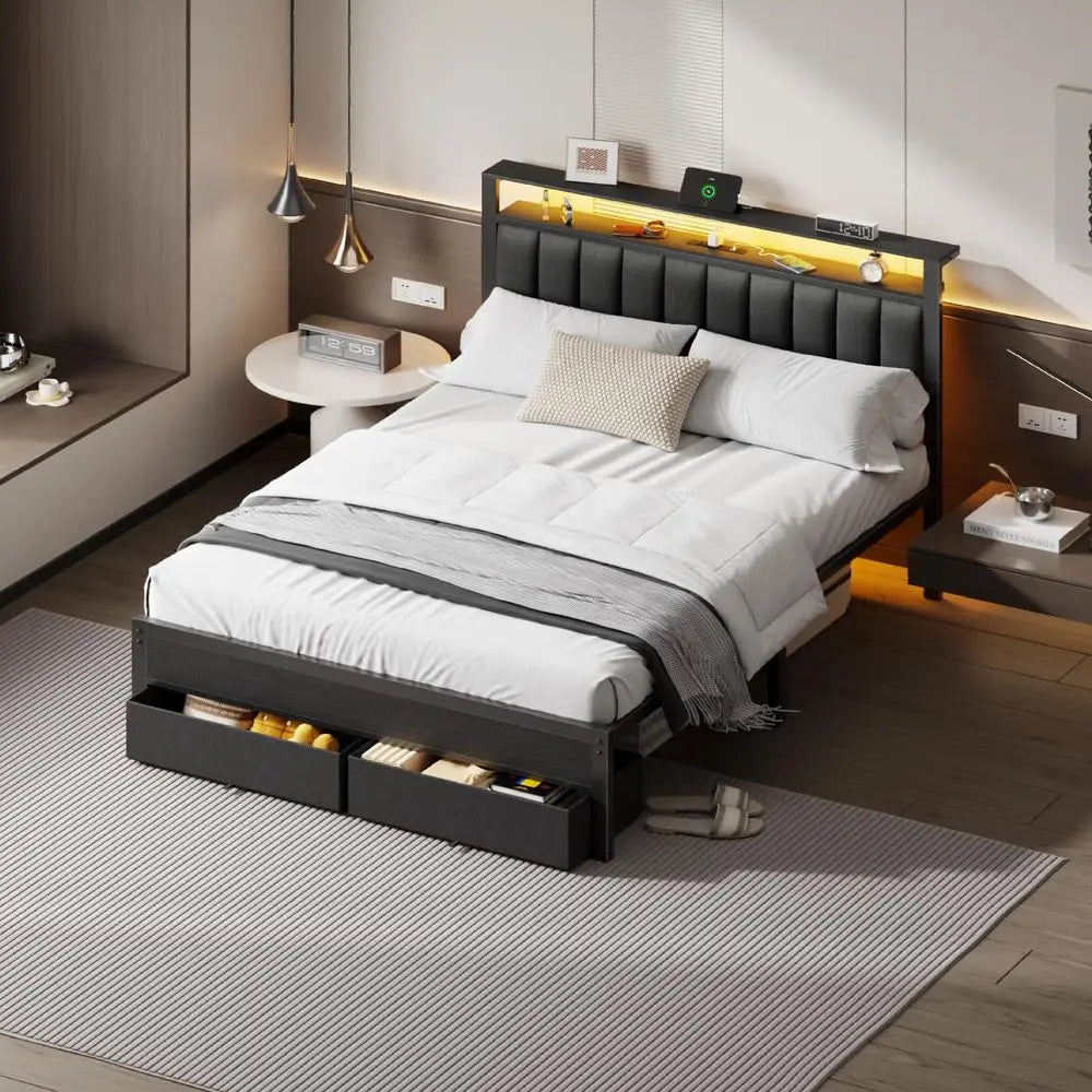 Queen Grey Upholstered Platform Bed With LED Lights Charging Station And Shelves