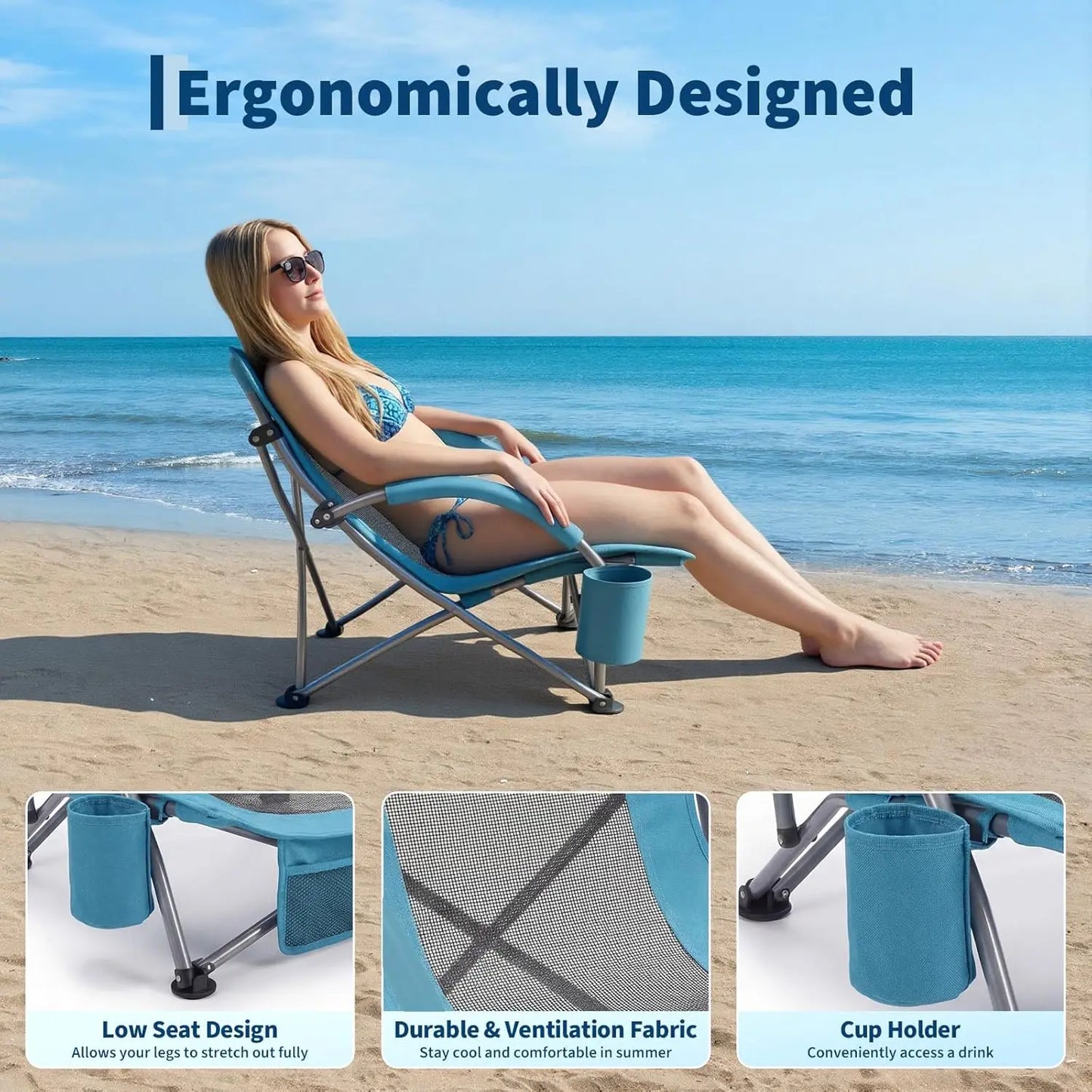 High Back Beach Chair,Folding Beach Chairs, Extra Wide Seat Chair with Cup Holder, Storage Pocket & Carry Bag for Camping Travel