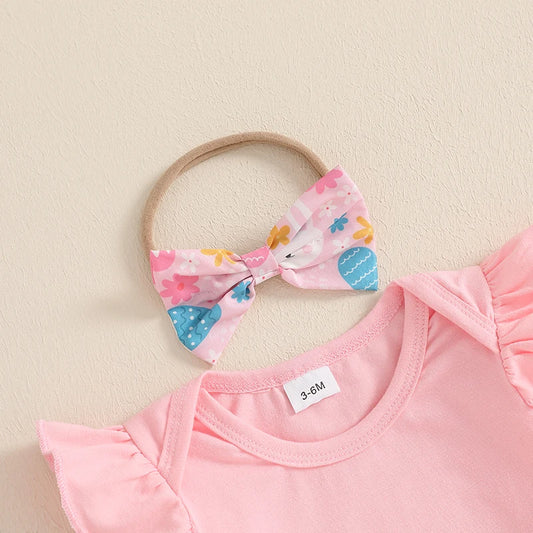 Adorable Baby Girl Easter Outfit Set with Floral Print Romper Ruffle Skirt and Matching Headband - 3 Piece Ensemble