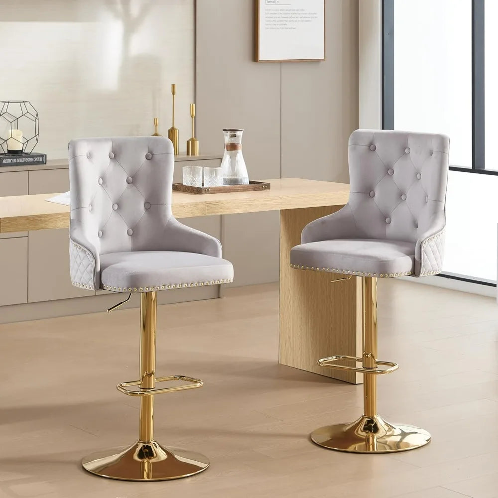 Velvet Gold Barstools Set of 2, Modern Counter Height Adjustable Swivel Stools Chairs with High Tufted Backrest Golden Base Lion