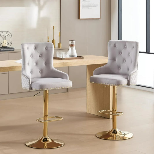 Velvet Gold Barstools Set of 2, Modern Counter Height Adjustable Swivel Stools Chairs with High Tufted Backrest Golden Base Lion