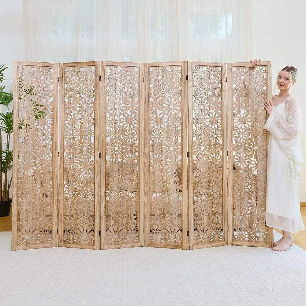 Folding Wood Room Divider Panel, 67 Inch Tall Daisy-Carved Privacy Screen - No-Assembly Required, Decorative Flower Carved Room