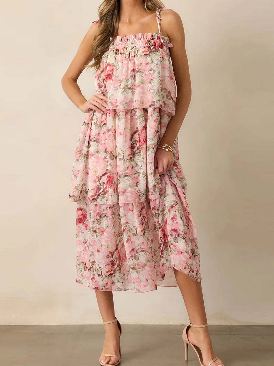 Women s Boho Floral Print Sleeveless Maxi Dress with V-Neckline and Tiered Ruffle Hem for Summer Beach Vacation