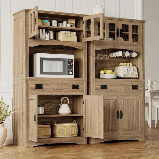 Kitchen Pantry with Power Outlets, Farmhouse Storage Cabinet, Coffee Bar with Glass Doors and Glasses Holder, Large Drawer