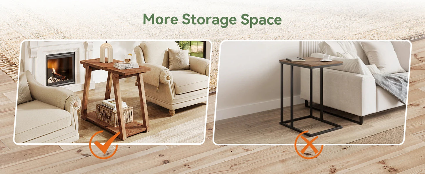 2-Tier Solid Wood End Table, Narrow Side Table, Rectangle Farmhouse Nightstand for Living Room, Bedroom, Easy Assembly