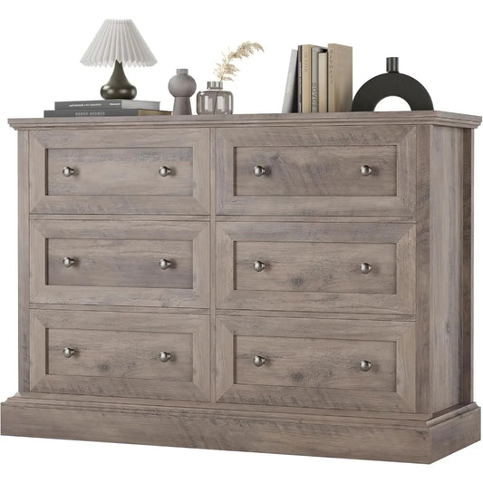 Modern 6 Drawer Double Dresser, Wood Dresser Chest, Wide Chest of Drawers with Deep Drawers & Mental Double Handles for Hallway