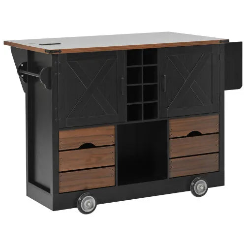 54"Kitchen Island with Drop Leaf, Power Outlet, Kitchen Storage Cart with 2 Doors, 2 Drawers, 4 Large Wheels