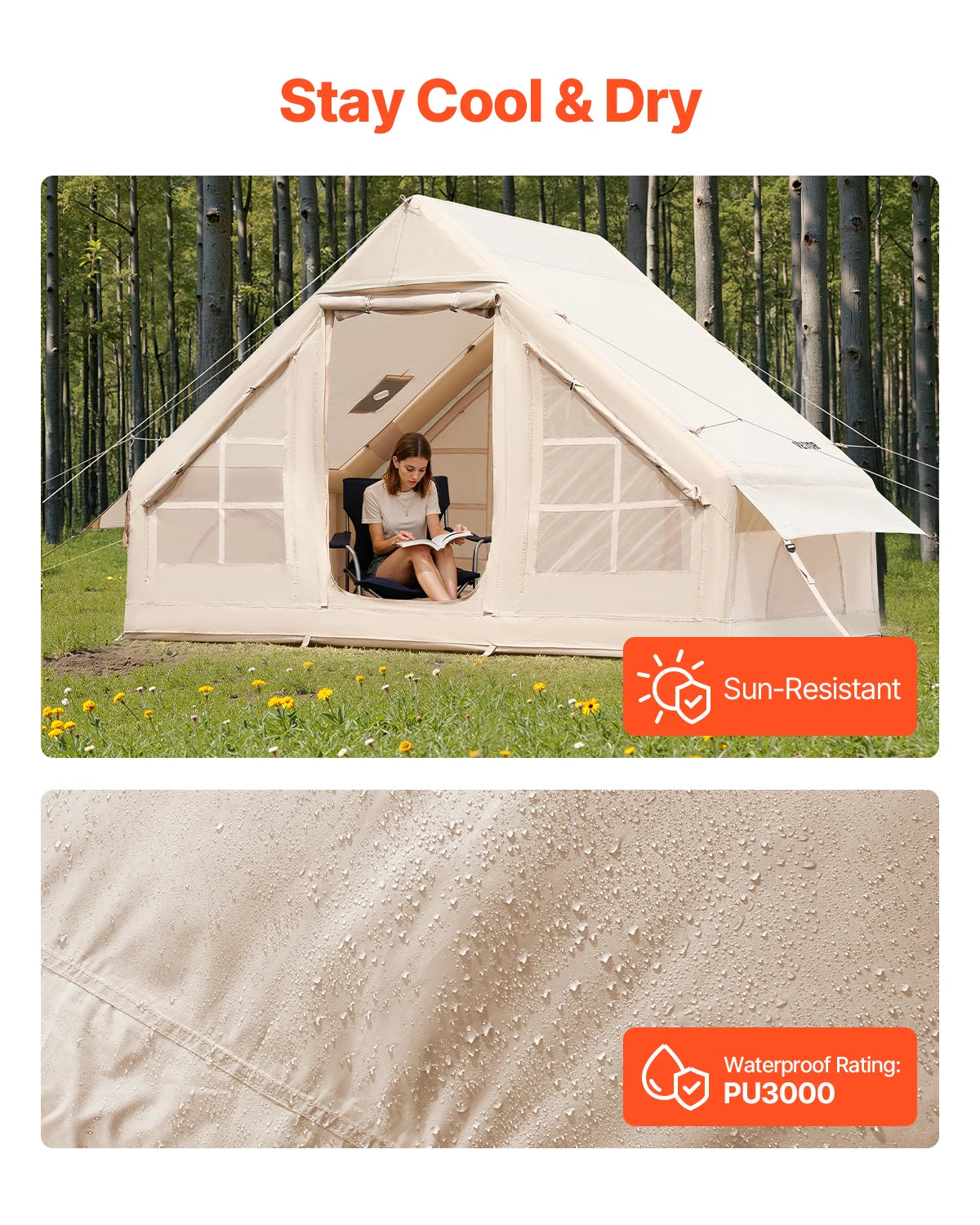 SucceBuy Inflatable Tents for Camping Easy Setup Blow up Tent with Hand Pump 300D Oxford Tent with Stove Jack Storage Bag Includ