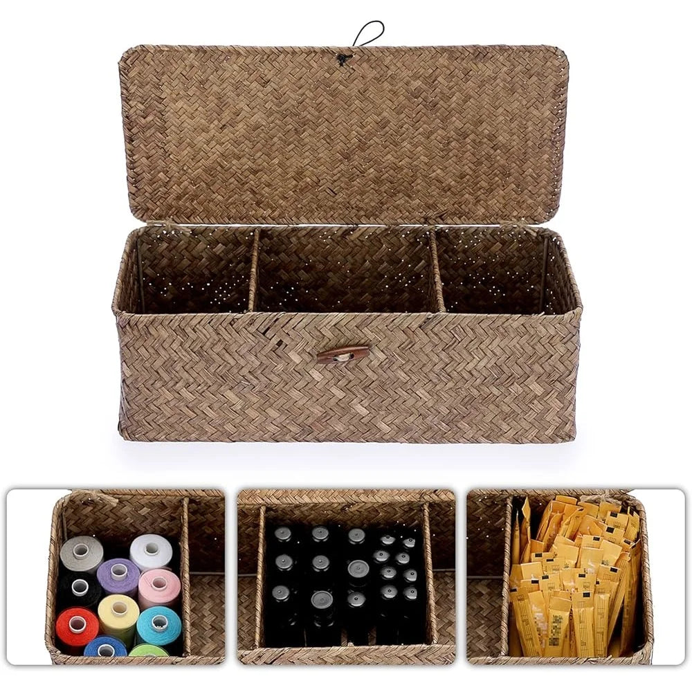 Handwoven Seagrass Storage Basket with Lid 3 Compartments Organizer Bathroom Kitchen Office Living Room Shelves Countertop