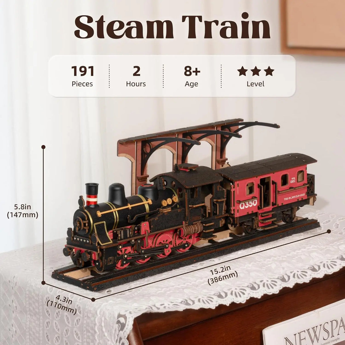 Rolife 3D Wooden Puzzle Steam Journey Mechanical Vehicle Model Building Kit DIY Puzzle Toys for Home Desk Decor Gifts for Adults