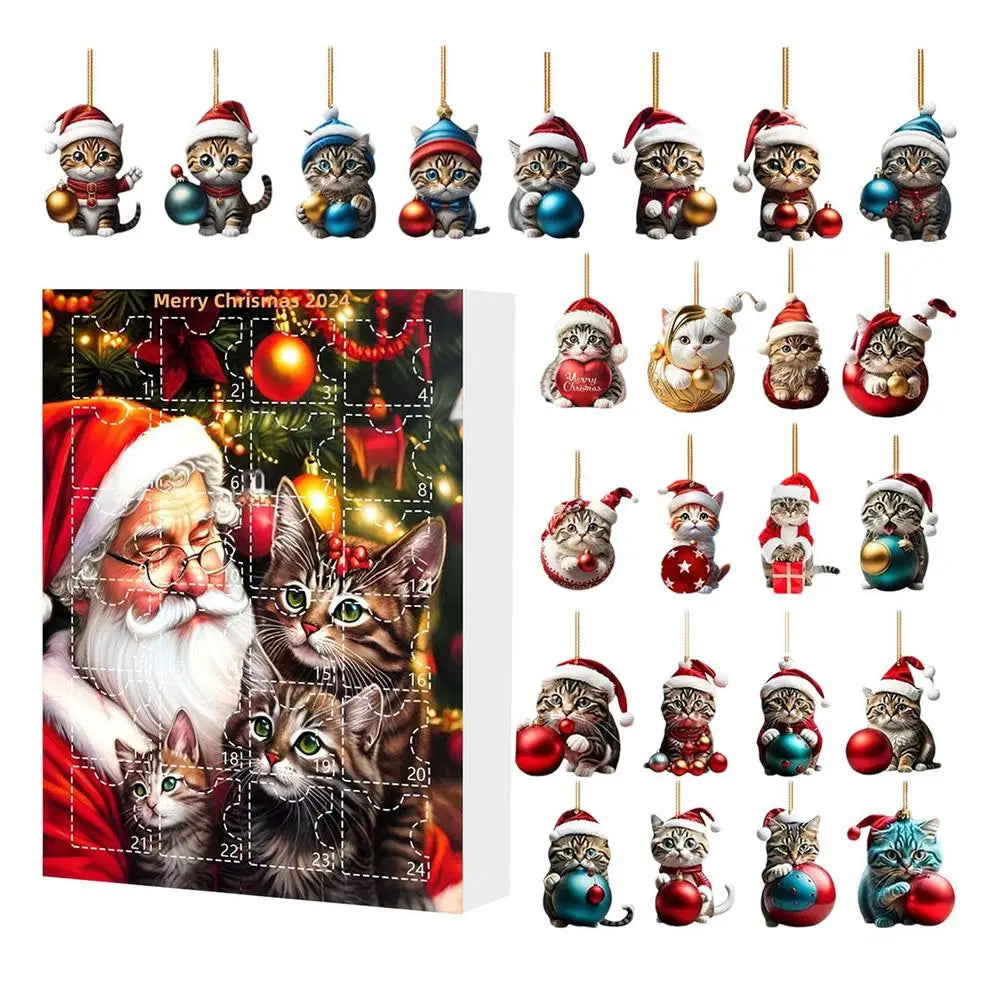 24-Day Christmas Countdown Calendar Cat Ornament Advent 2D Acrylic Cute Cat Ornaments Animal Charm Pendant for Window Backpack