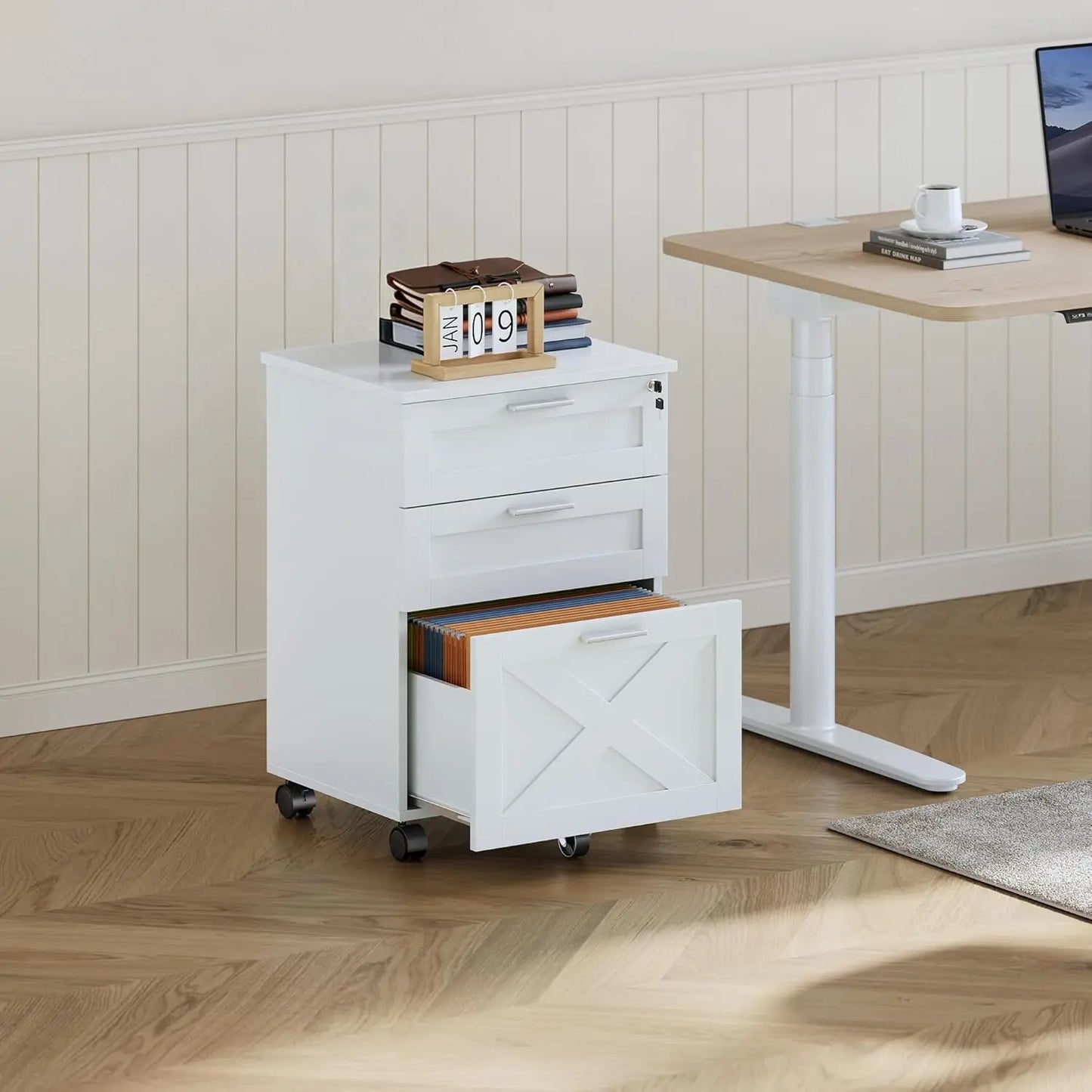 3-Drawer Rolling File Cabinet with Lock - Wooden Mobile Filing Cabinet for Home Office, Under Desk Storage Organizer fits Letter