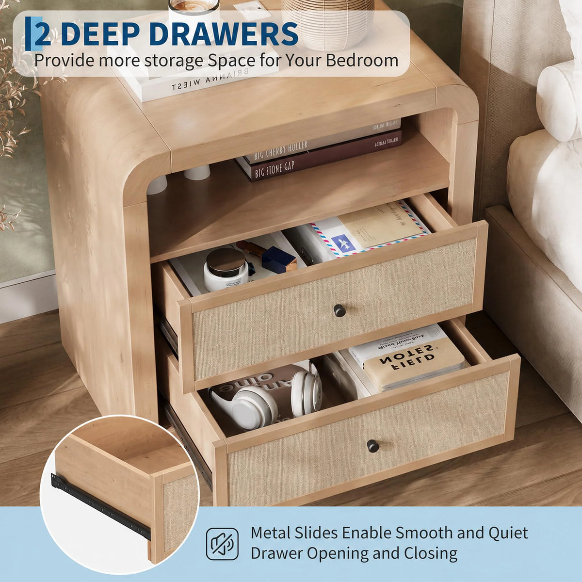 23 Inch Wood Nightstand With 2 Drawers And Charging Station Plus 2 USB And AC