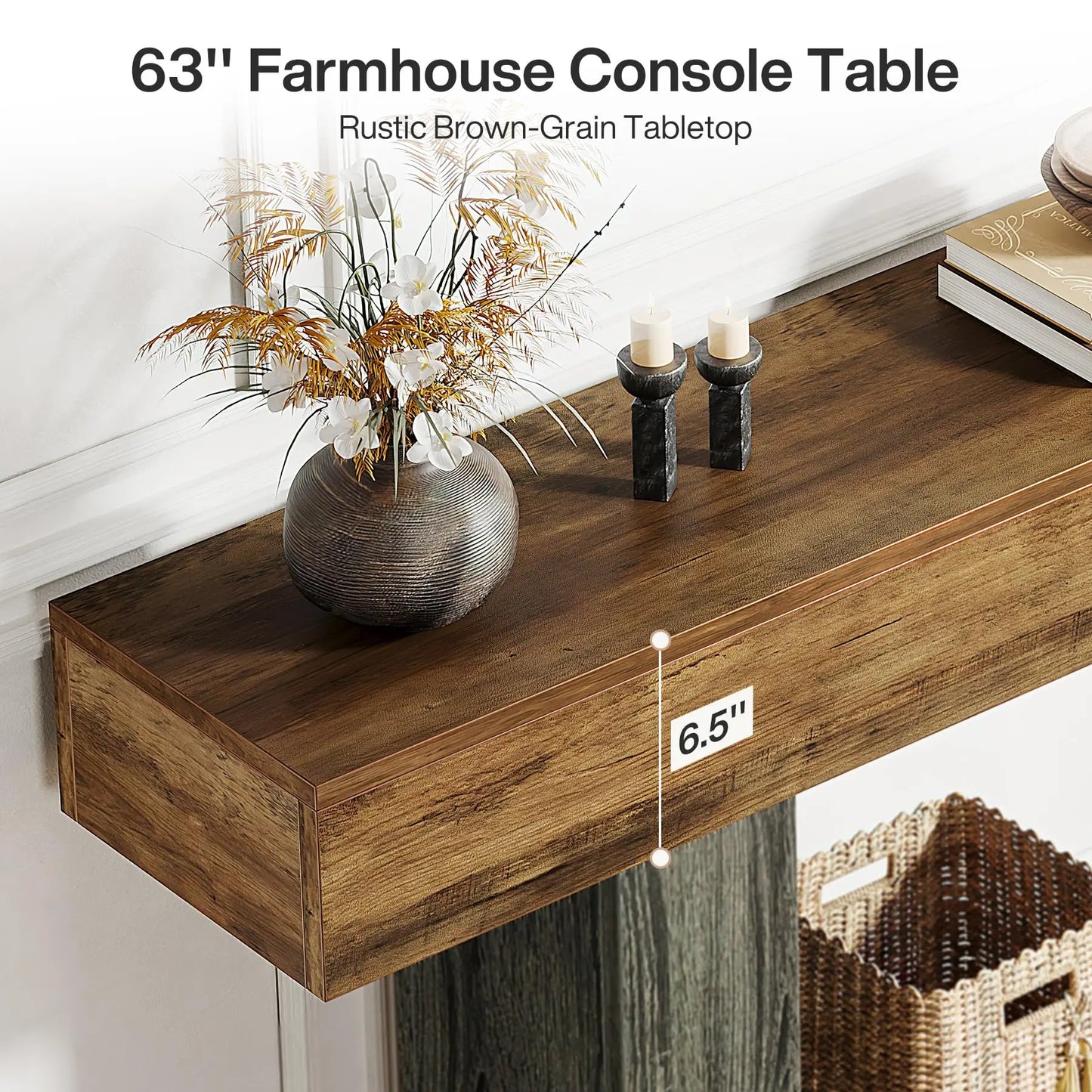 LITTLE TREE 63" Console Table, Farmhouse 2-Tier Entryway Table with U-Shaped Base,Narrow Long Wood Sofa Table Behind Couch Table
