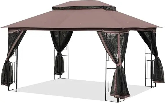 10' X 13' Outdoor Gazebo, Soft Double Roof Canopy Tent with Mosquito Netting, Party Tent Shelter with Corner Frame Shelves for