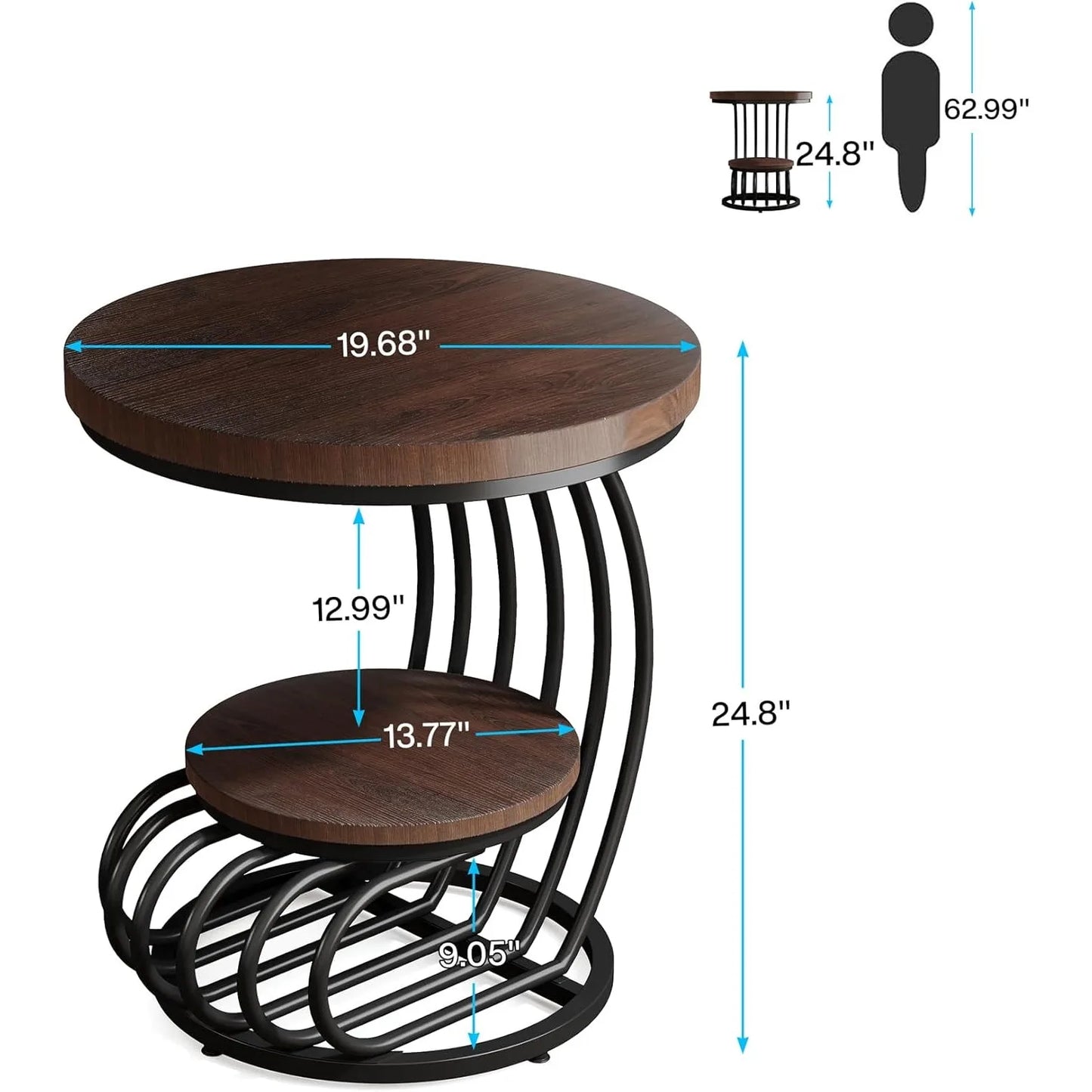 Round End Side Table: Side Table with 2 Tiers Storage Shelves, Small Bedside Table Accent Table with Arc-Shaped Frame