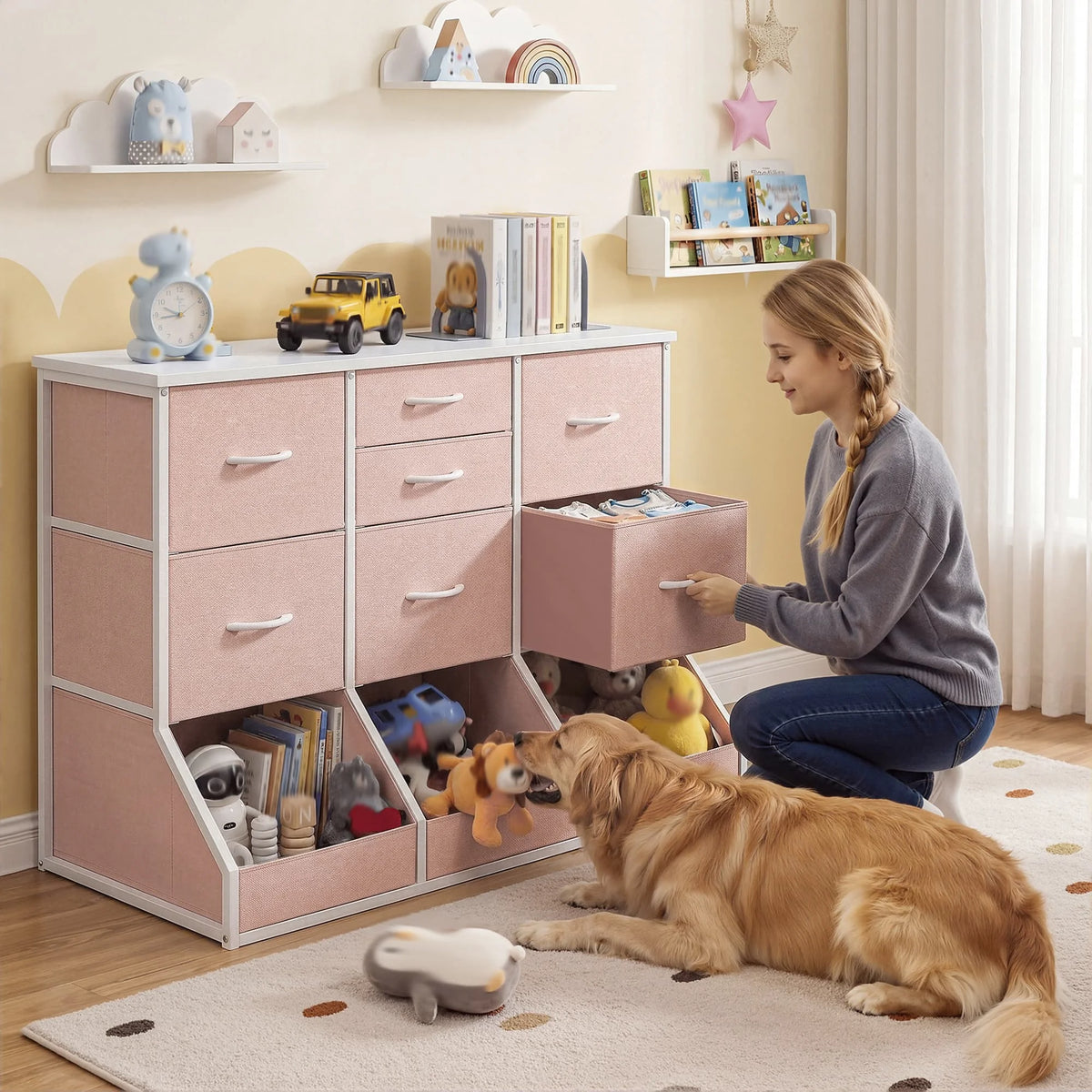 EnHomee 10-Storage Fabric Dresser – 7 Drawers & 3 Open Compartments, Wood Top & Metal Frame – 39.3"W x 17.7"D x 31.5"H – For Bedroom, Entryway, Hallway