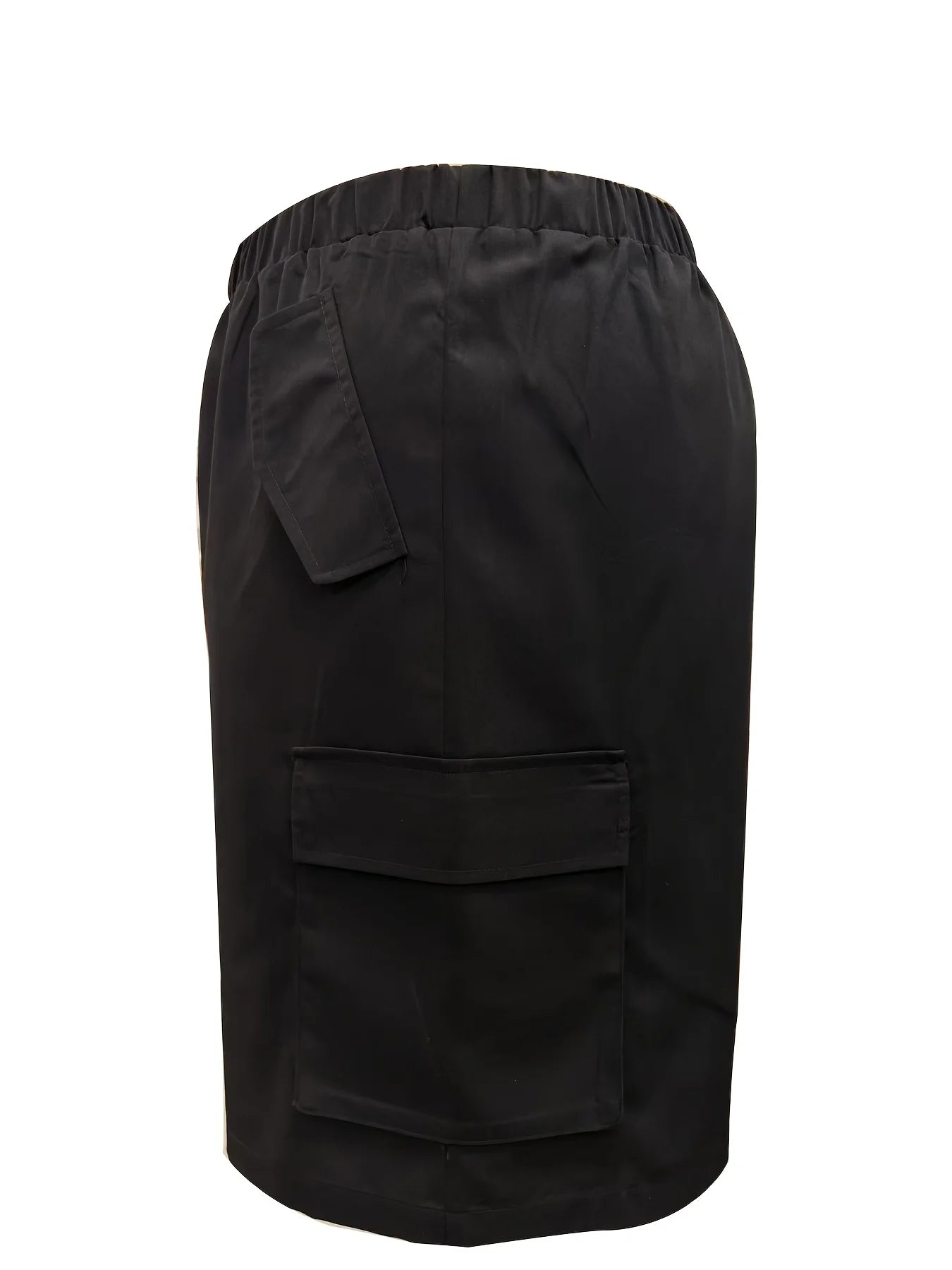 European and American plus size women's black elastic waist multi-pocket cargo shorts; loose wide-leg side 3D large pocket casual sports knee-length