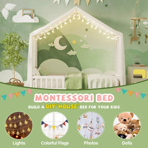 Montessori Floor Bed with Canopy, Twin Bed Frame for Kids, House Shape Toddler Bed Frame with High Railings