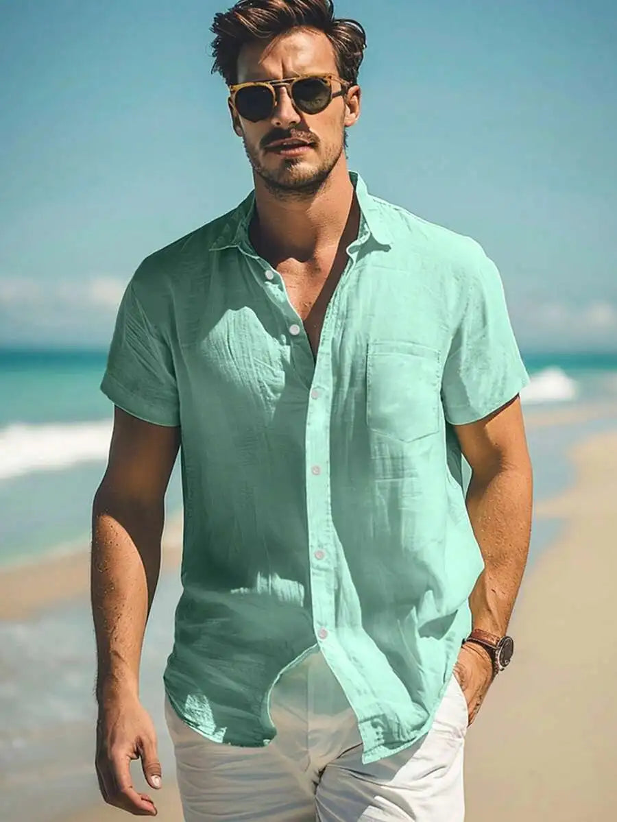 Mens Solid Color Short Sleeve Casual Shirt With Pocket