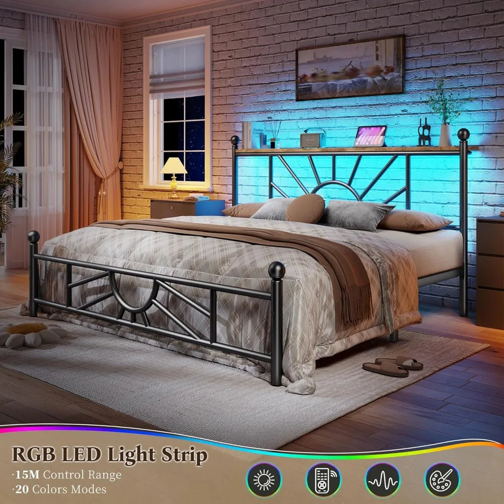 Metal Queen Bed Frame with Headboard and Footboard, Queen Size Bed Frame with LED Light, Mattress Foundation with Under Bed Stor
