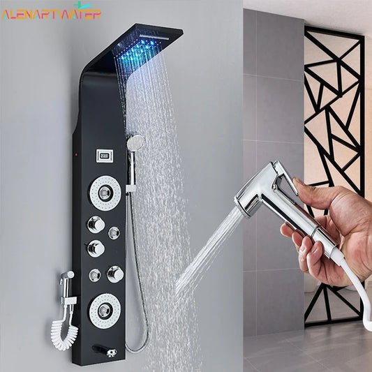 ALENARTWATER Bathroom Shower Panel LED Waterfall Shower Water Top Spray Temperature Display Faucet Back Massage with Water Tap