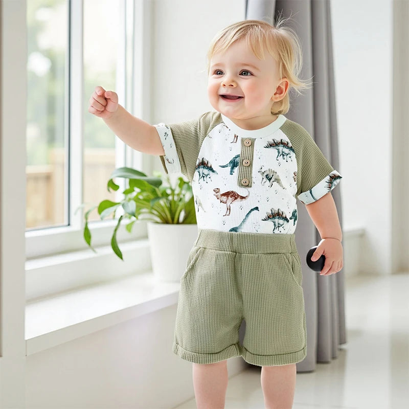 Toddler Boys Lightweight Cotton Outfits with Cute Animal Print Short Sleeves T-Shirt and Elastic Waist Shorts Set for Summer